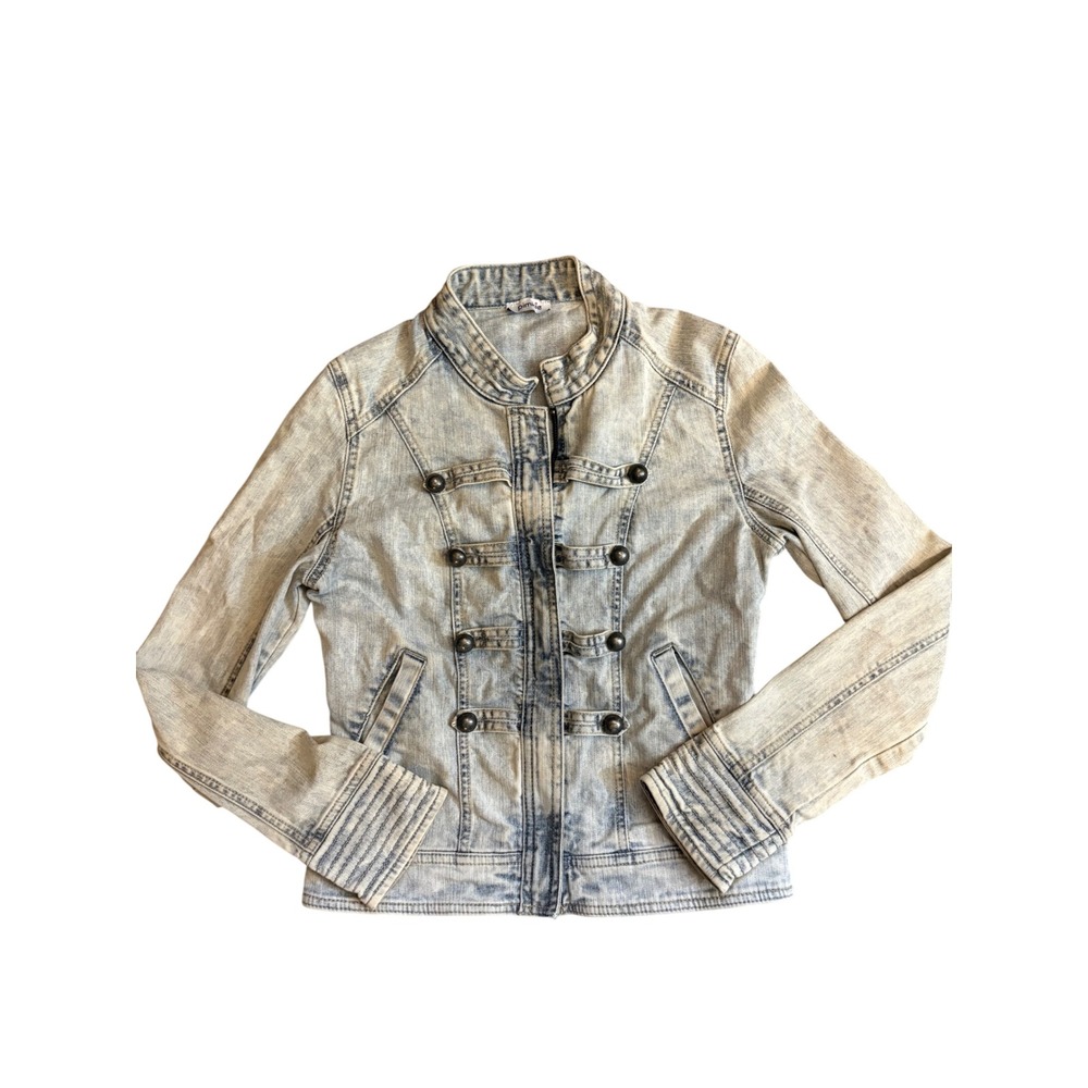 Pimkie Y2K Acid Wash Denim Military Jacket Fitted Hussar Moto 2000s Light Blue
